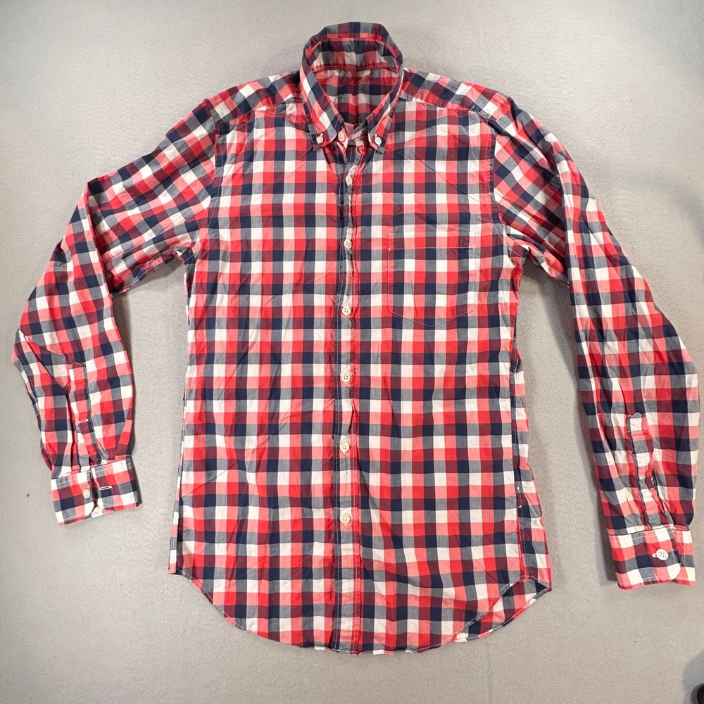 J.Crew Mens Small Lightweight Cotton Button‎ Down Shirt Red Blue Gingham Plaid